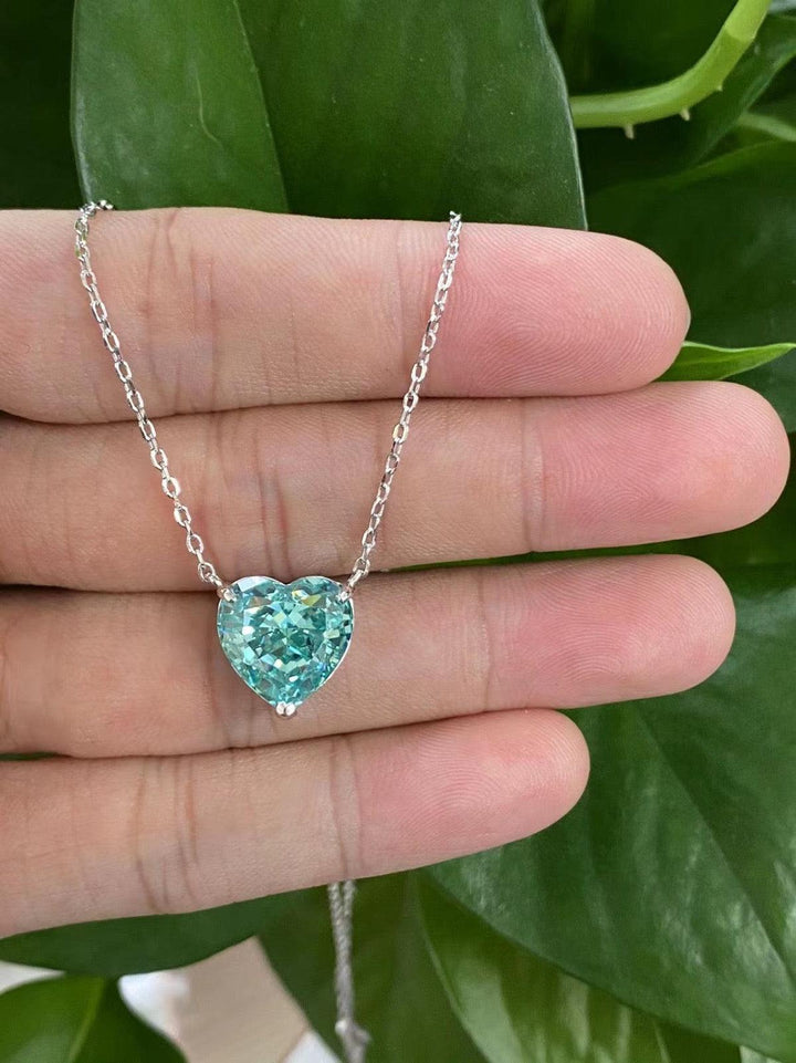 Aqua Crystal Heart Pendant Necklace - Silver Chain with Sparkling Blue Heart Charm