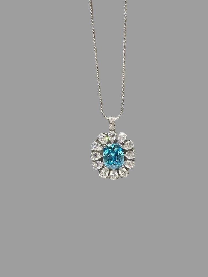 Aquamarine Crystal Flower Burst Pendant Necklace