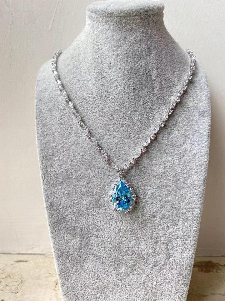 Azure Teardrop Elegance Necklace - Silver Crystal Chain with Blue Pear Pendant