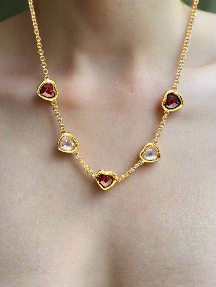 Alternating Garnet and Crystal Heart Station Necklace