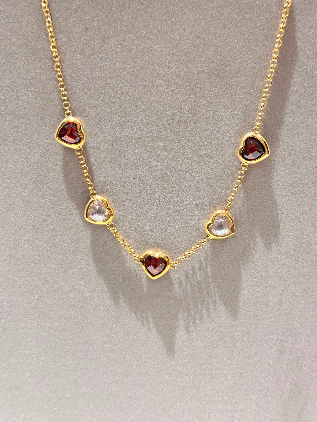 Alternating Garnet and Crystal Heart Station Necklace