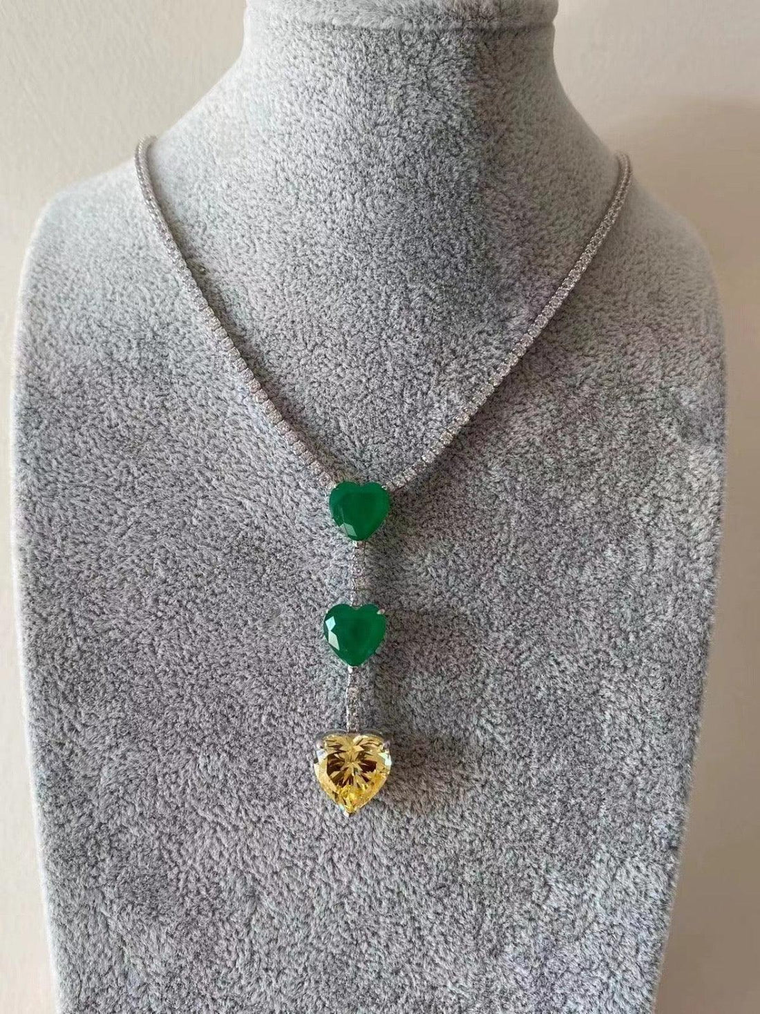 Cascading Hearts Triple Pendant Necklace - Silver Chain with Emerald & Citrine Crystals
