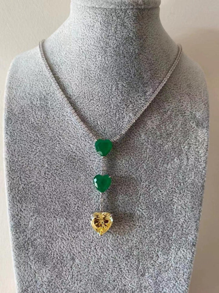 Cascading Hearts Triple Pendant Necklace - Silver Chain with Emerald & Citrine Crystals