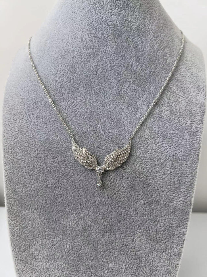 Crystal Angel Wings Necklace with Teardrop Pendant