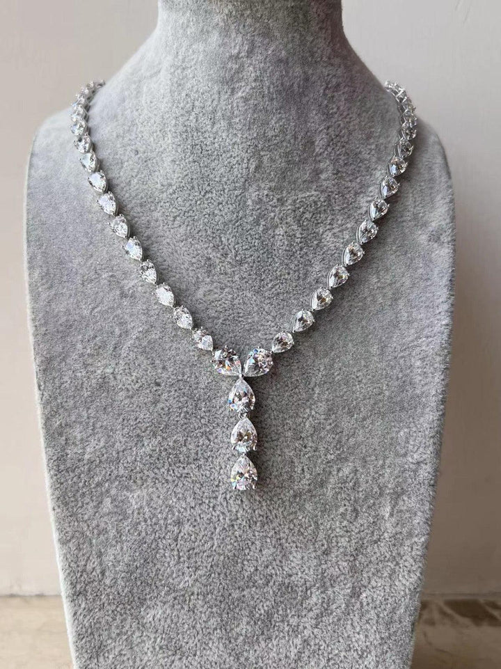 Crystal Cascade Y-Necklace - Silver Drop Pendant with Pear-Cut Clear Stones