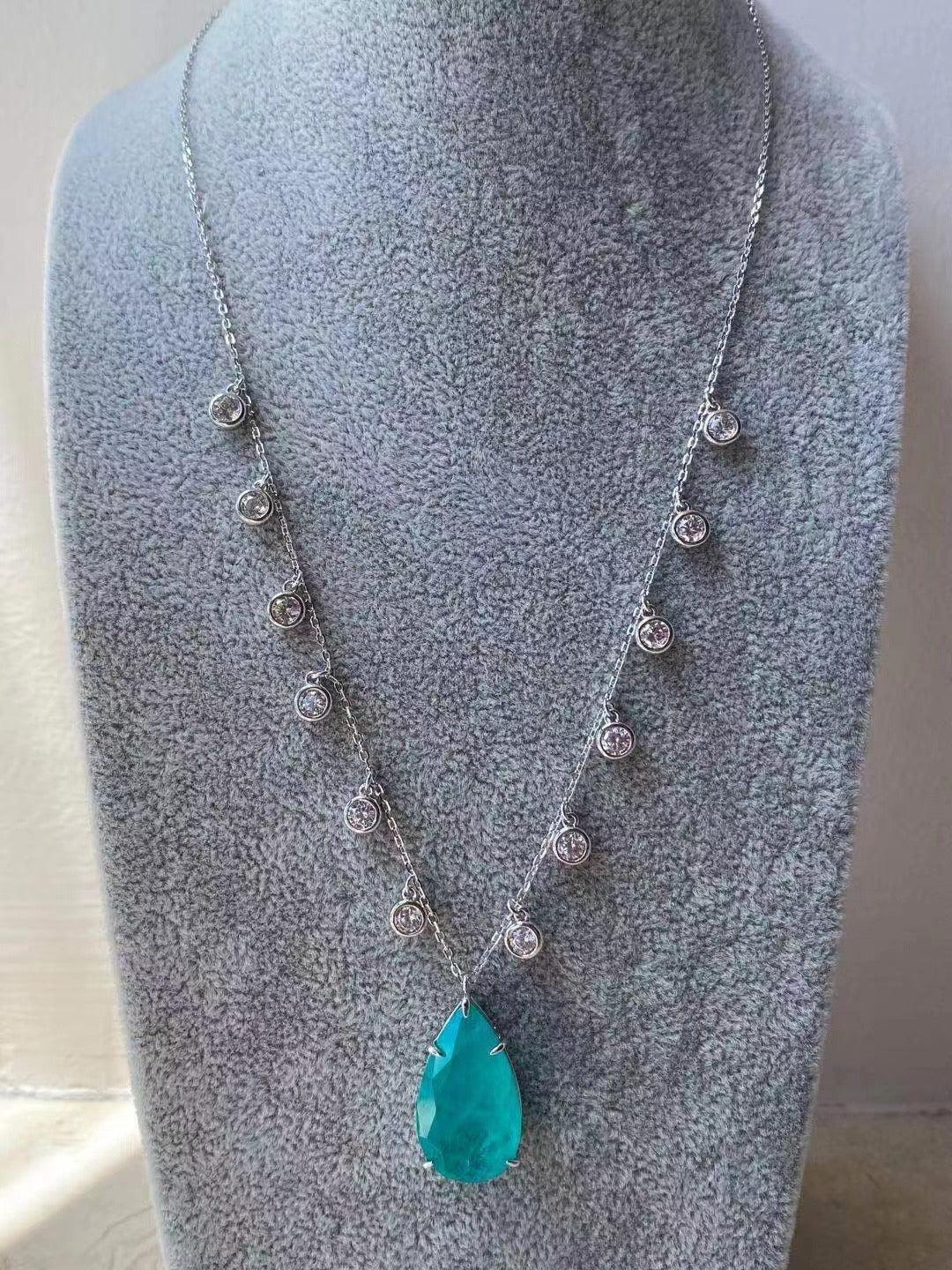 
Crystal Station Necklace with Turquoise Teardrop Pendant - Silver Elegance