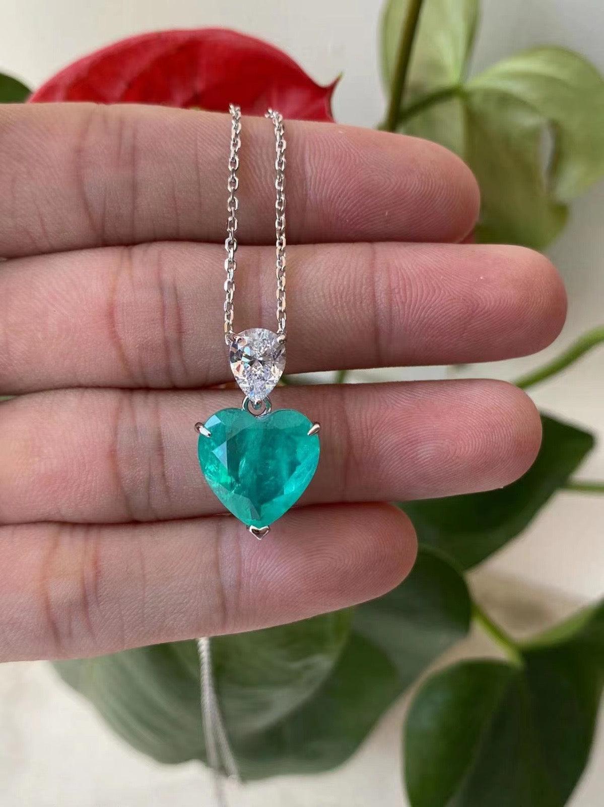 Dainty Silver Heart Pendant Necklace - Turquoise Crystal Charm