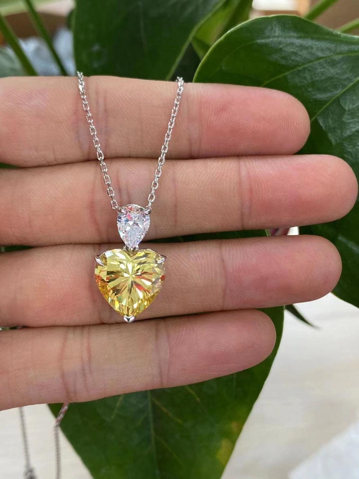 Dainty Silver Heart Pendant Necklace - Yellow  Crystal Charm