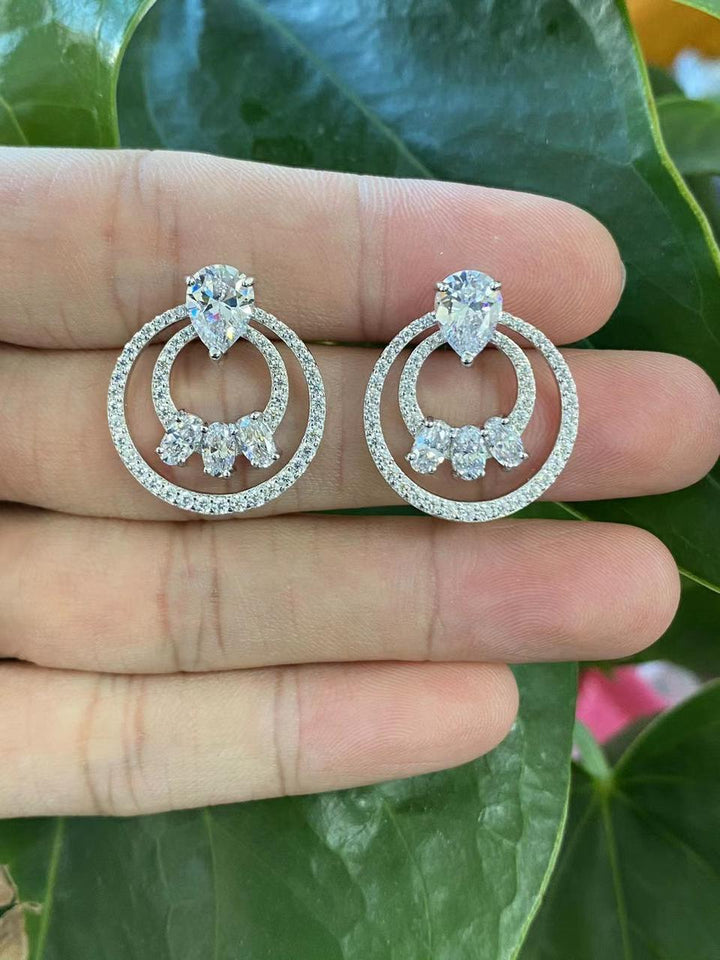 Elegant Double Circle Crystal Stud Earrings in Silver