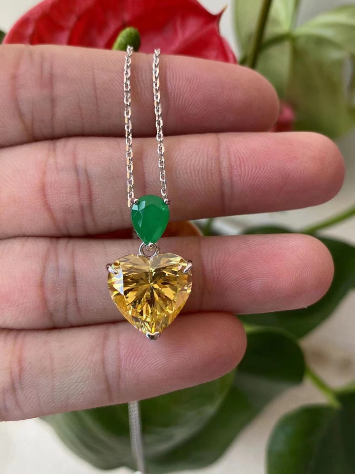 Elegant Dual Heart Pendant Necklace - Green & Citrine CZ Sterling Silver Chain