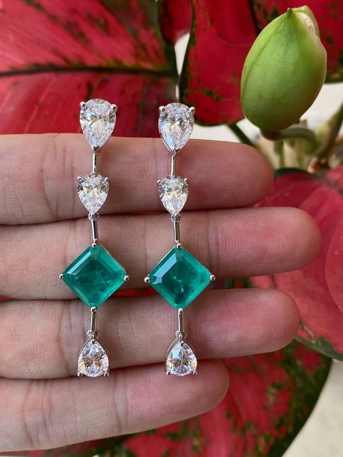Elegant Emerald Drop Earrings with Crystal Accents