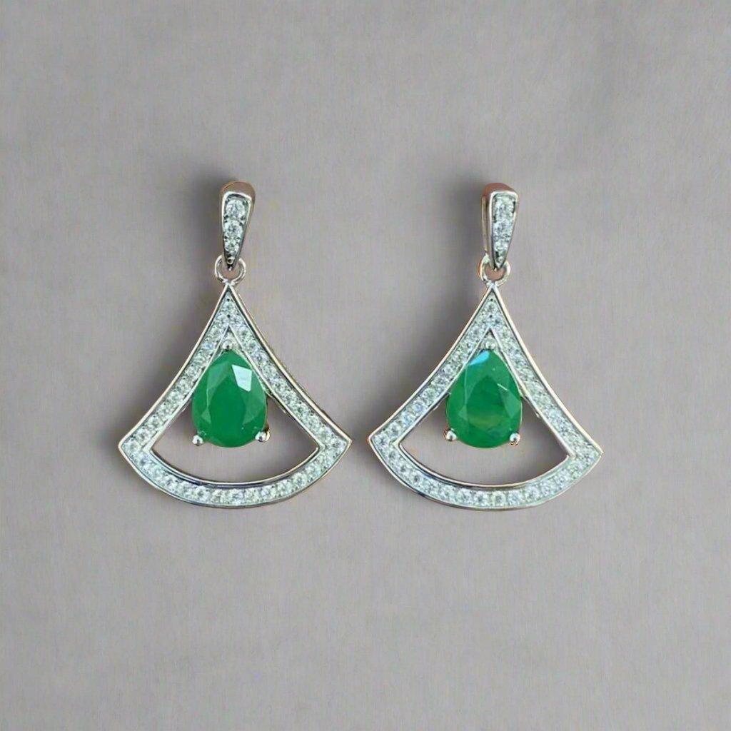 Elegant Fan Drop Earrings with Green Crystal