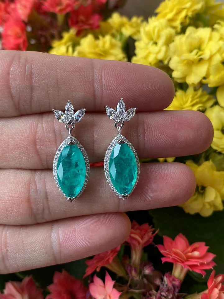 Emerald Green and White Drop Earrings - Marquise Halo Design