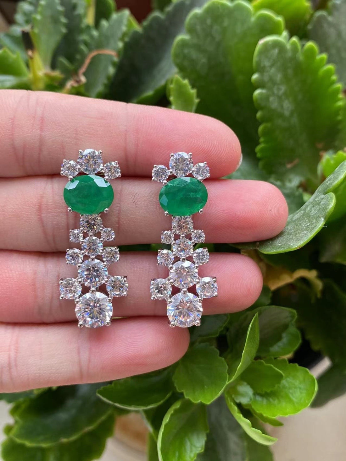 Emerald Green and White Floral Cross Drop Earrings - Botanical Design