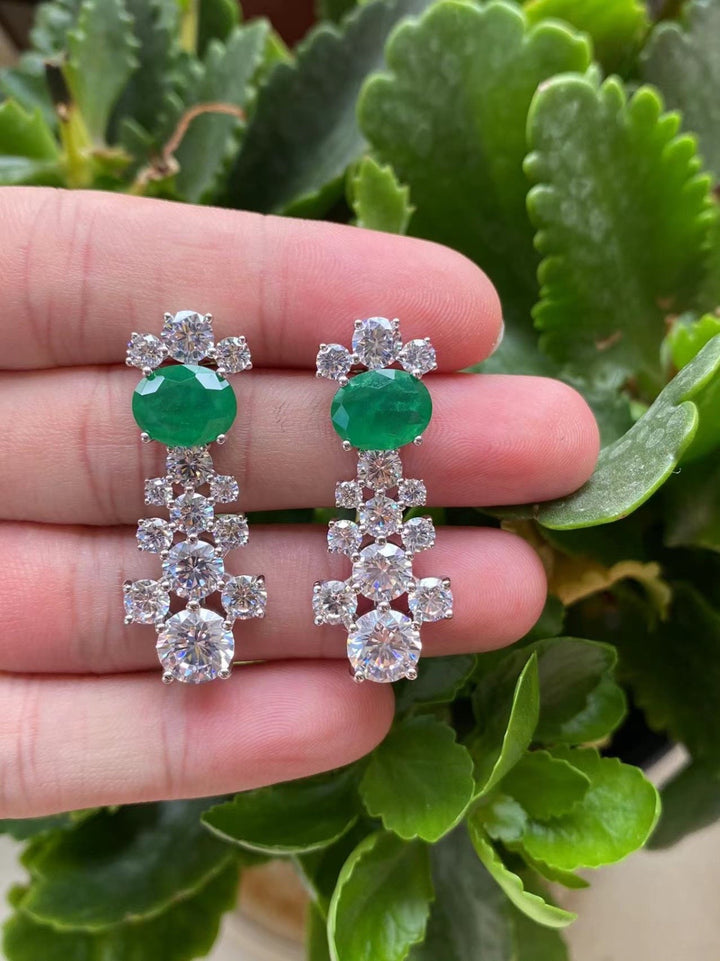 Emerald Green and White Floral Cross Drop Earrings - Botanical Design