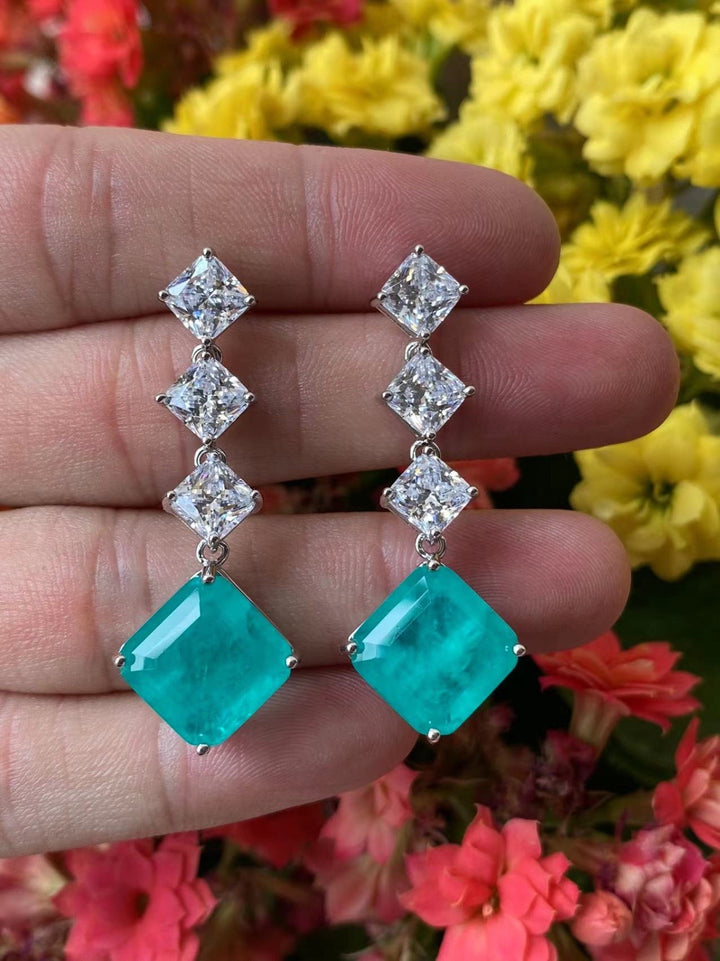 Emerald Green and White Linear Drop Earrings - Princess Cut Cascade Design