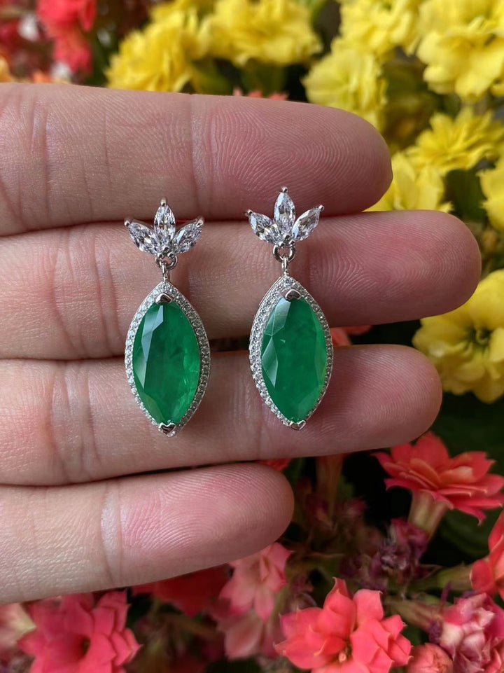 Emerald Green and White Marquise Drop Earrings - Leaf Crown Design