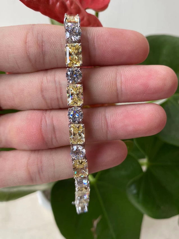 Golden Yellow and White  Cushion Cut Tennis Bracelet - Alternating Square Design