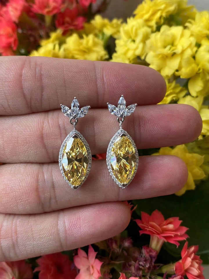 Golden Yellow and White Marquise Drop Earrings - Leaf Crown Design