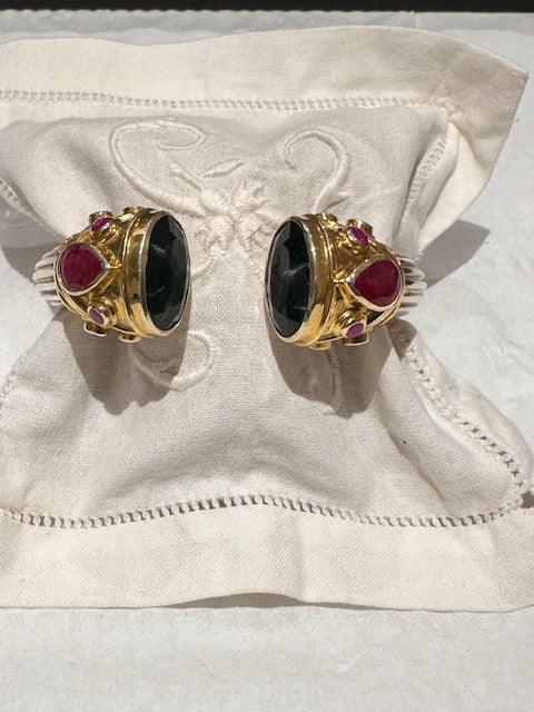 Regal Two-Tone Black Gemstone and Ruby like Cuff Bracelet