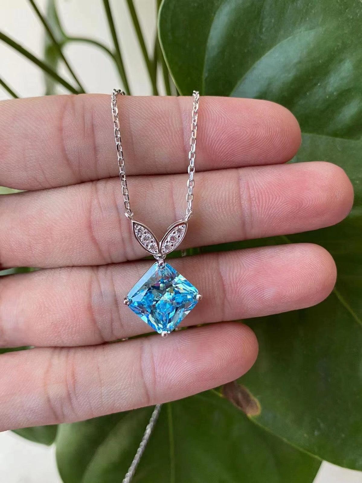 Leaf-Adorned Square-Cut Blue Pendant Necklace