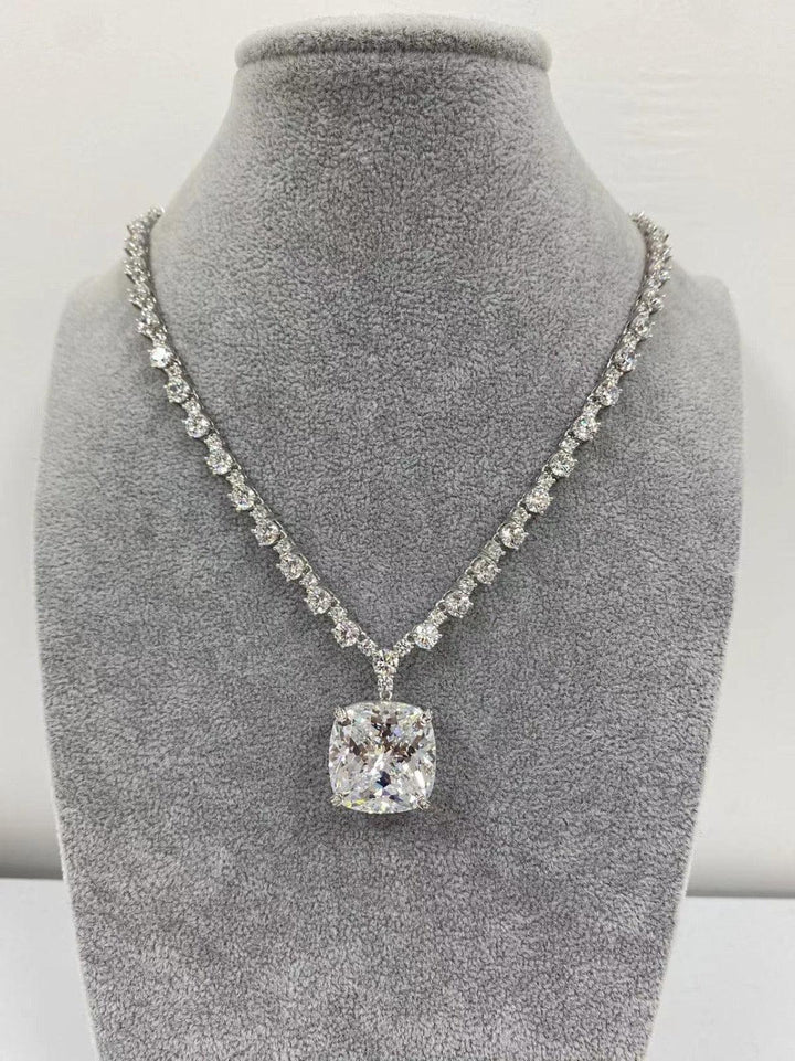 Luxe Brilliance Cushion Drop Necklace - Silver Crystal Tennis Chain with Statement Pendant