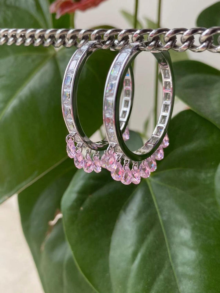Luxe  Pink Crystal Channel Hoops with Dangling Accents - Statement Silver Earrings