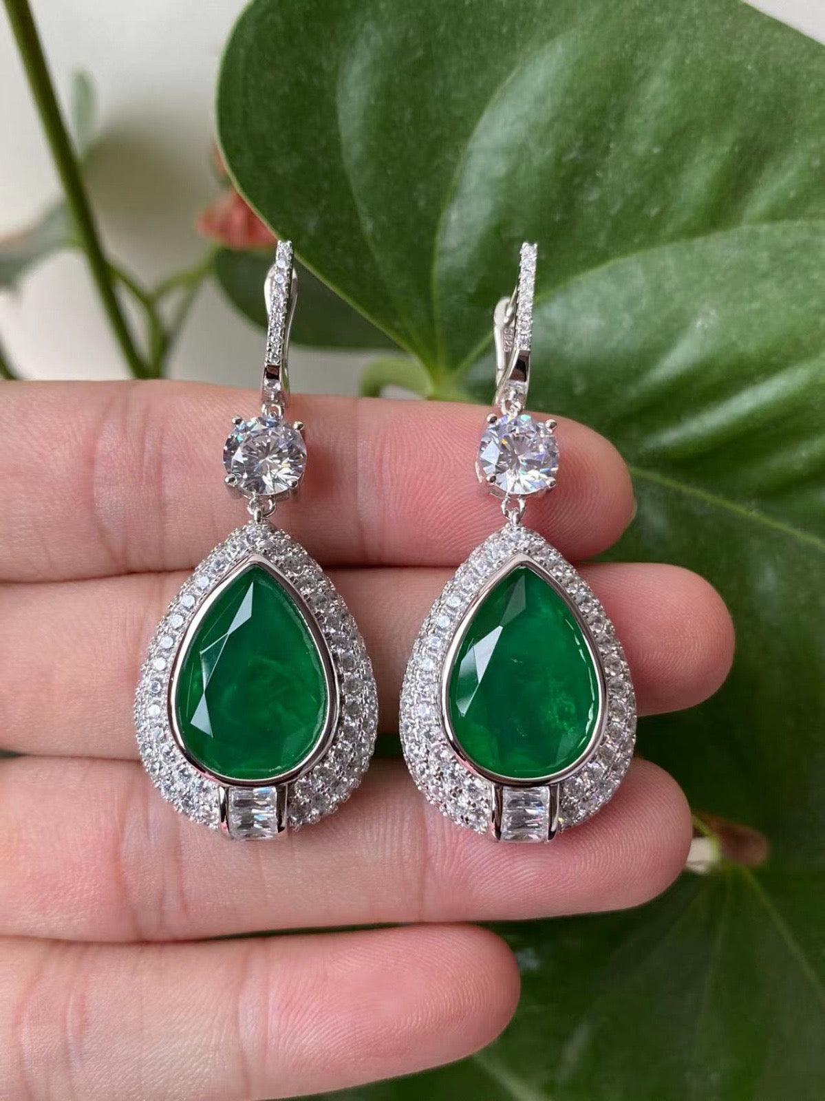 
Luxurious Emerald Green Teardrop Earrings with CZ Halo - Statement Drop Earrings