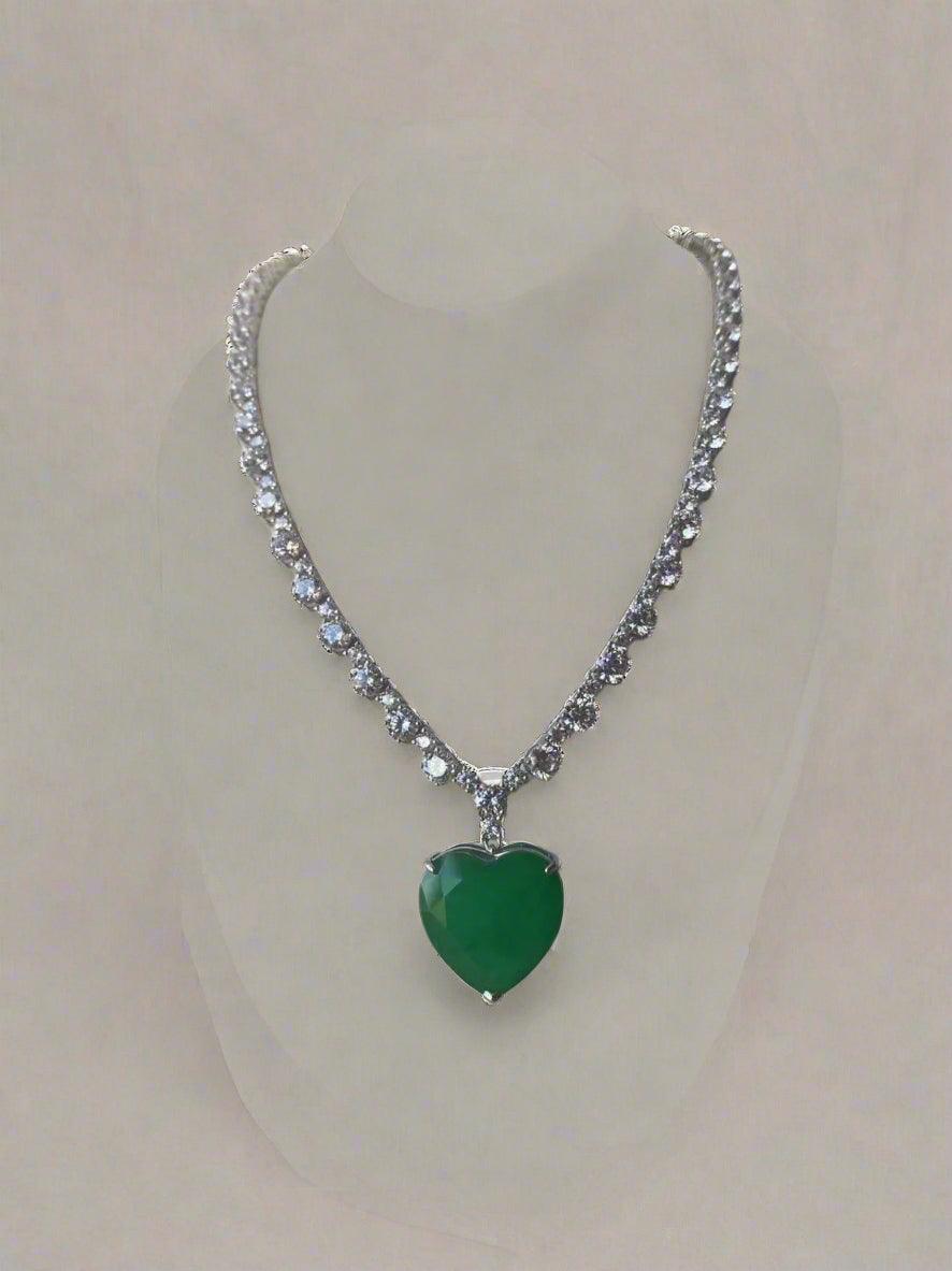 Luxurious Tennis Necklace with Green Heart Pendant