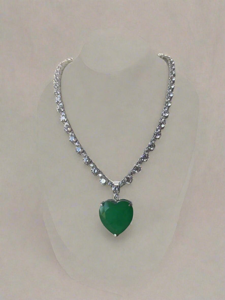 Luxurious Tennis Necklace with Green Heart Pendant