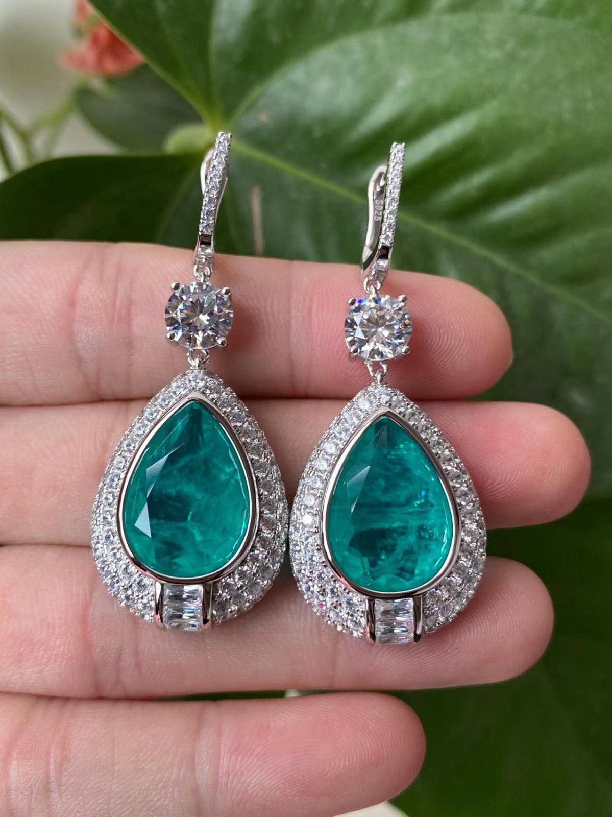 Luxurious Turquoise blue Teardrop Earrings with CZ Halo - Statement Drop Earrings