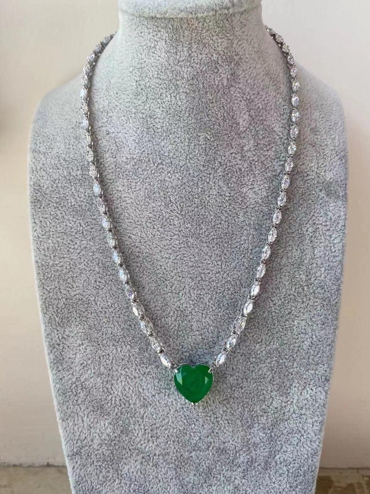 Luxury CZ Tennis Necklace with Emerald Green Heart Pendant
