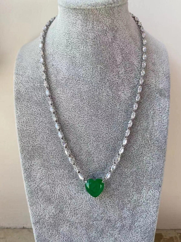 Luxury CZ Tennis Necklace with Emerald Green Heart Pendant