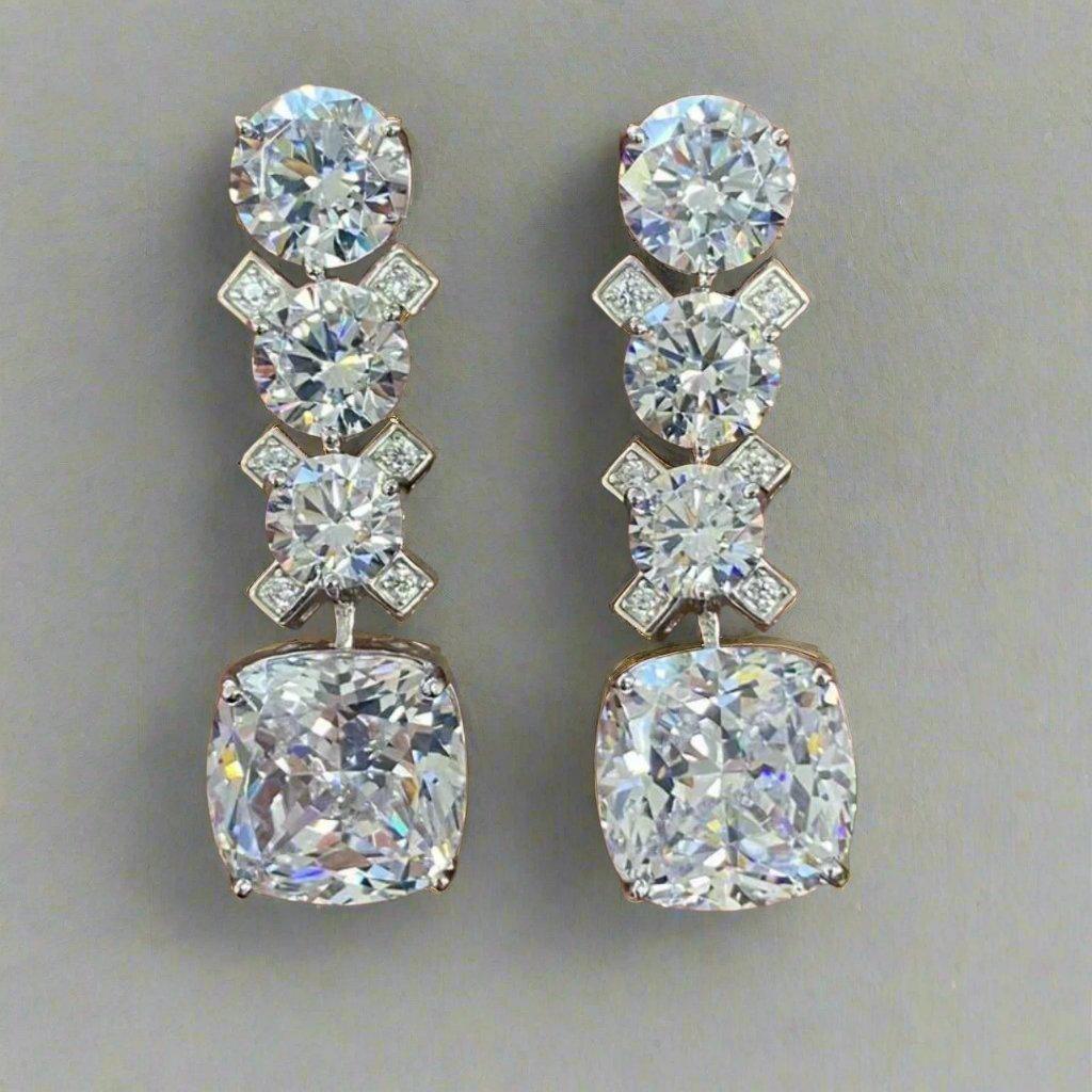 Luxury Linear Crystal Drop Earrings with Cushion Cut Base