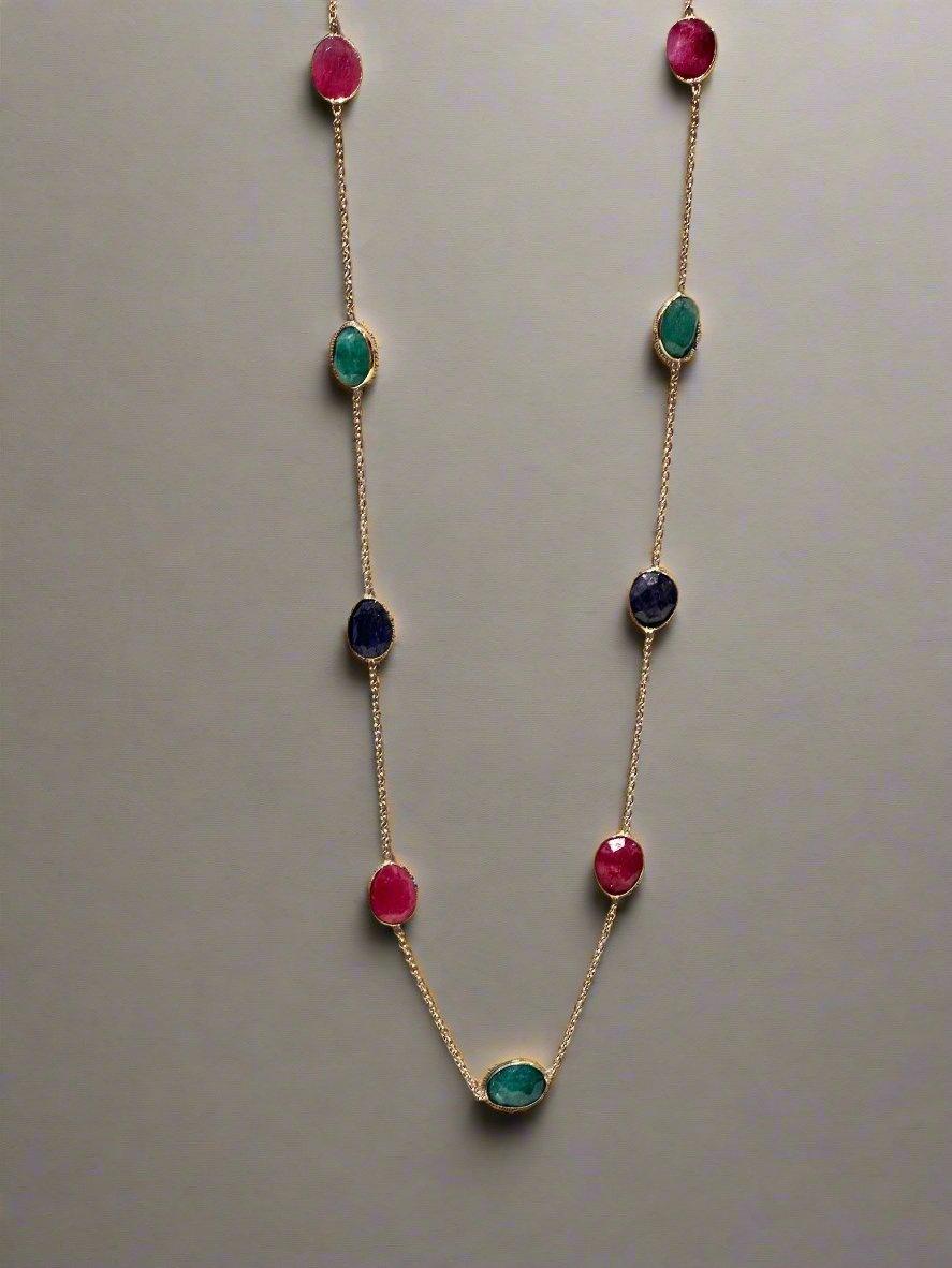 Multi-Color Crystal Station Necklace in Gold Tone with Ruby, Emerald, and Navy Accents