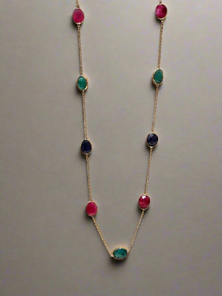 Multi-Color Crystal Station Necklace in Gold Tone with Ruby, Emerald, and Navy Accents