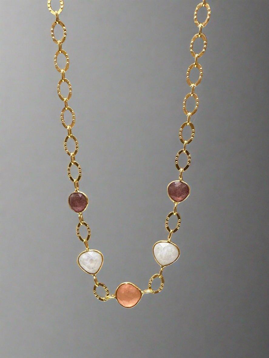 Multi-Stone Chain Link Necklace in Gold with Moonstone and Rose Quartz
