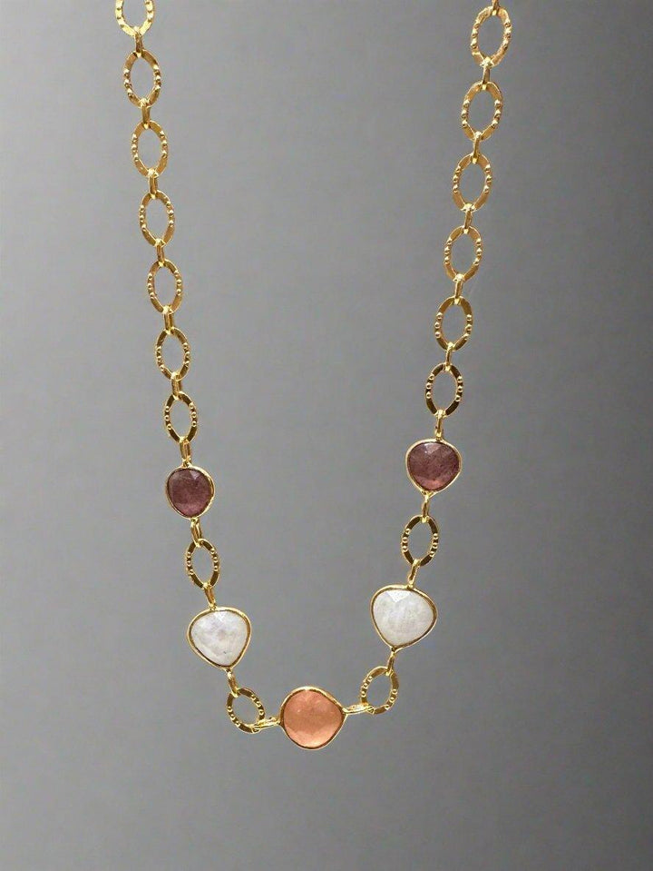 Multi-Stone Chain Link Necklace in Gold with Moonstone and Rose Quartz