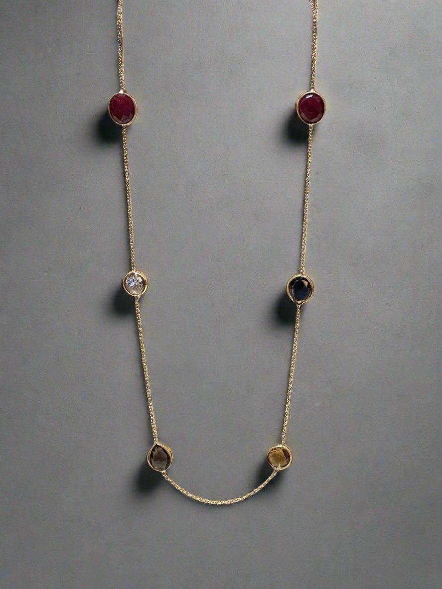 Multi-Stone Station Necklace in Gold Tone with Ruby Red and Smoky Grey Crystals