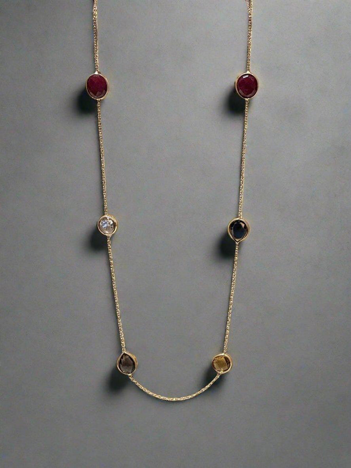Multi-Stone Station Necklace in Gold Tone with Ruby Red and Smoky Grey Crystals
