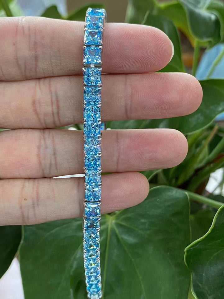 Ocean Blue CZ Princess Cut Tennis Bracelet 