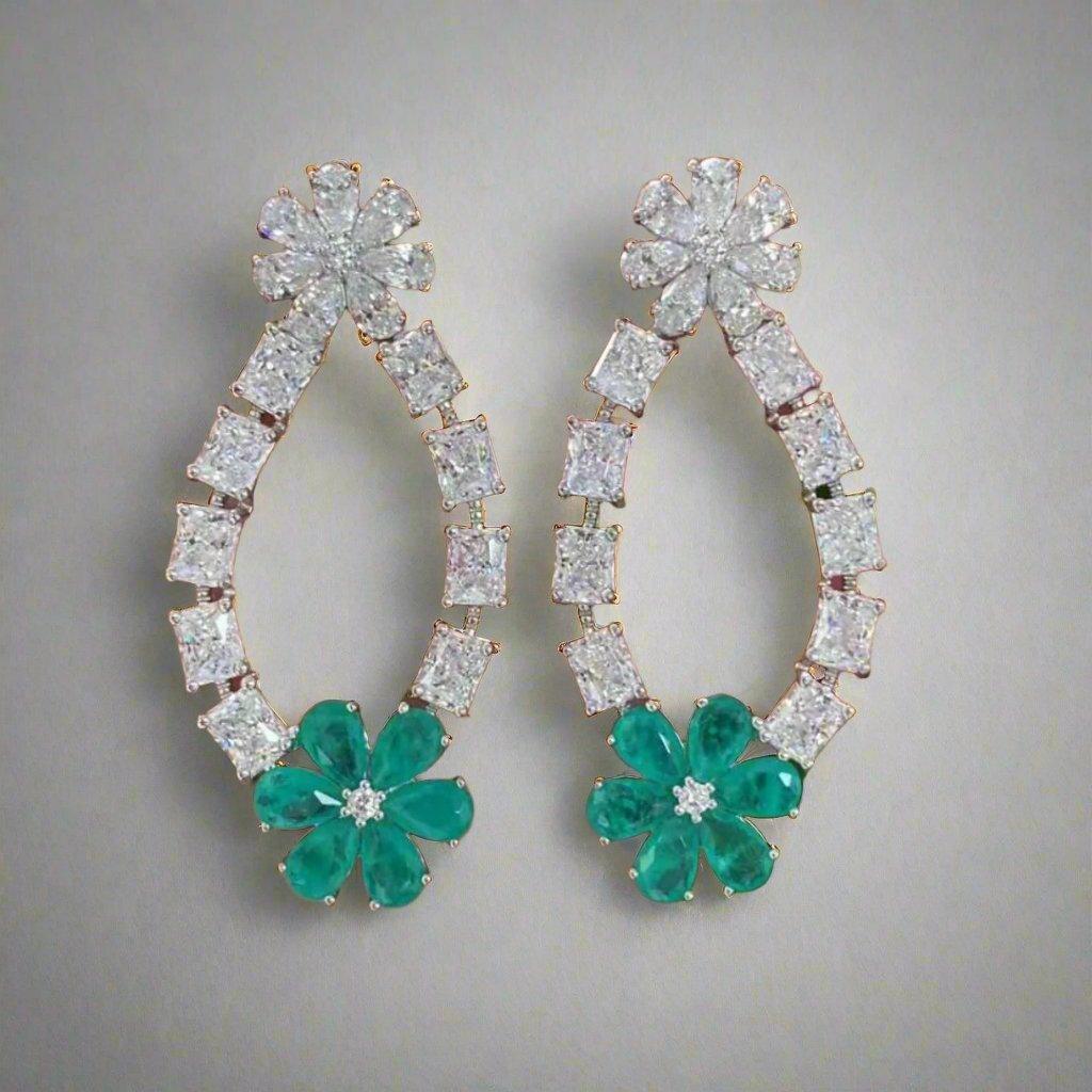 Crystal Flower Teardrop Earrings with Emerald Green Accent