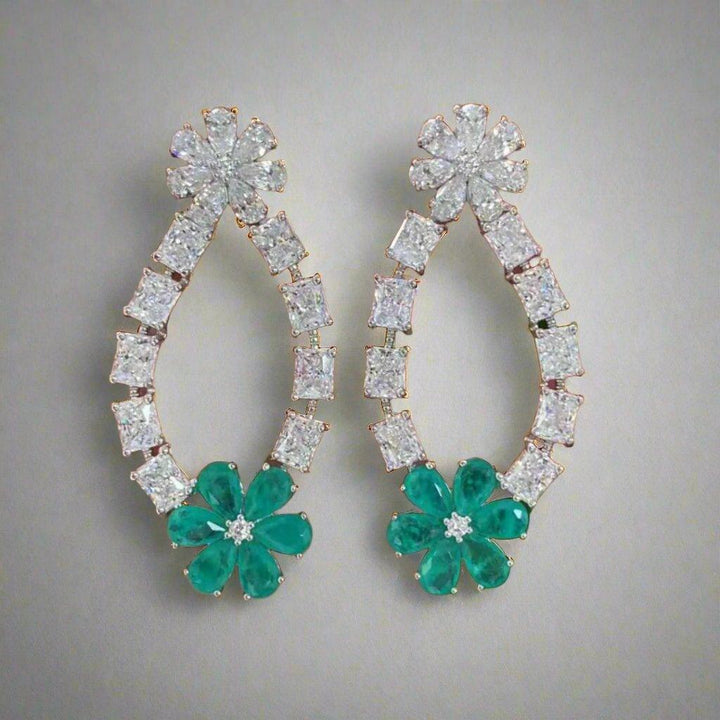 Crystal Flower Teardrop Earrings with Emerald Green Accent