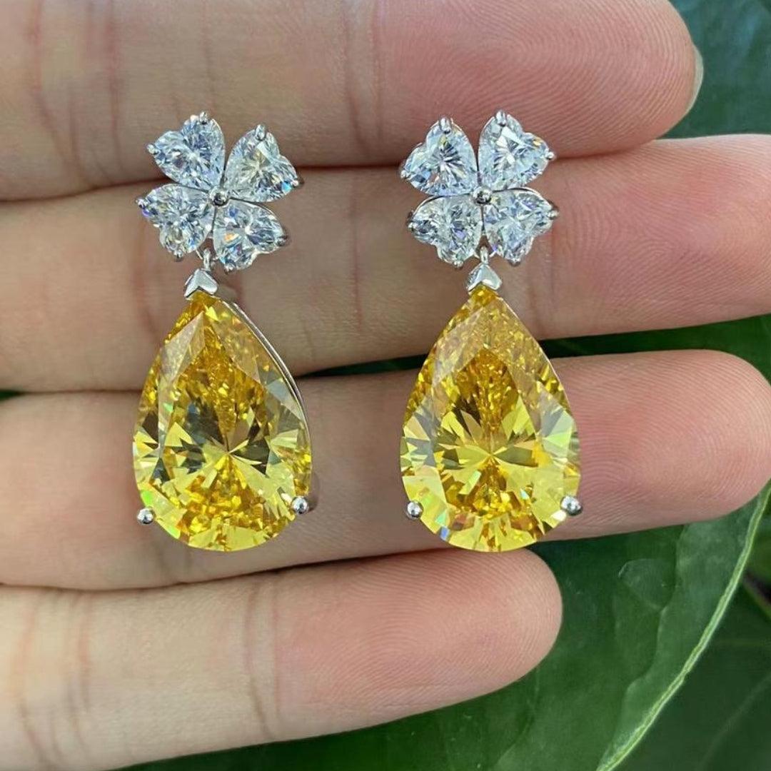 Luxurious Floral Crystal Drop Earrings with Citrine-Yellow Teardrops