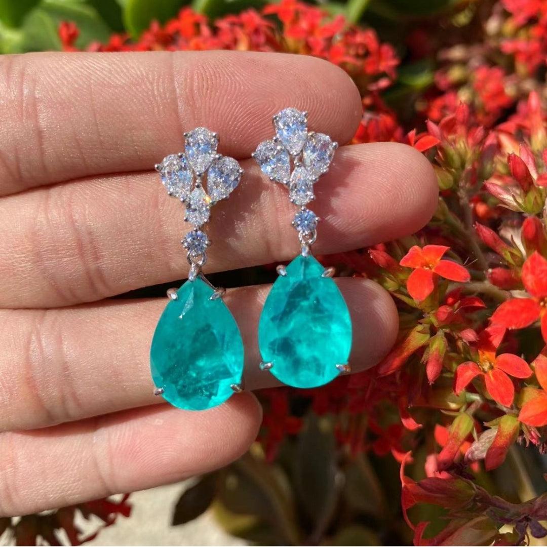Luxury Crystal Flower Drop Earrings with Turquoise Teardrops
