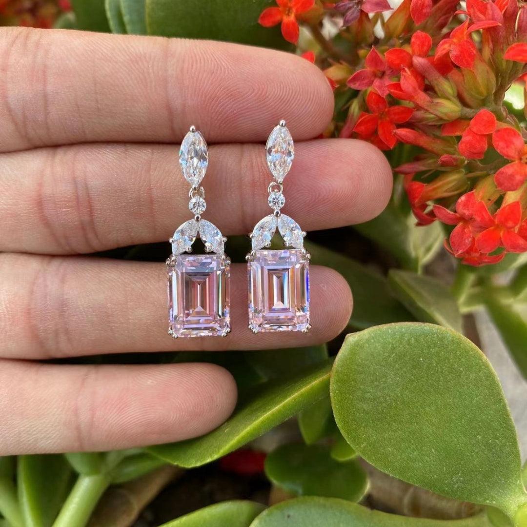 Vintage-Inspired Pink Crystal Drop Earrings with Emerald Cut