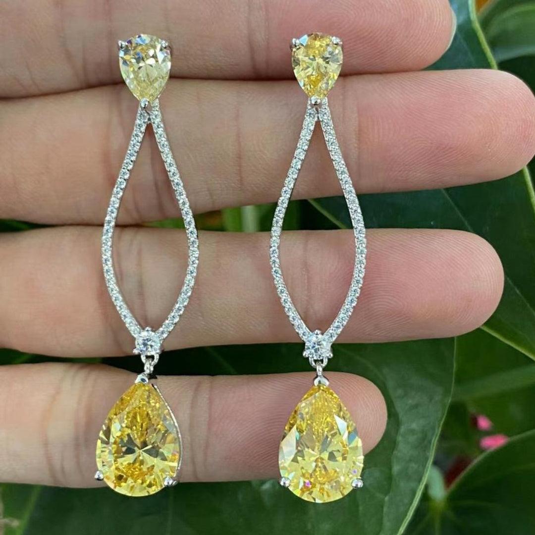 Luxury Elongated Drop Earrings with Citrine-Yellow Crystals