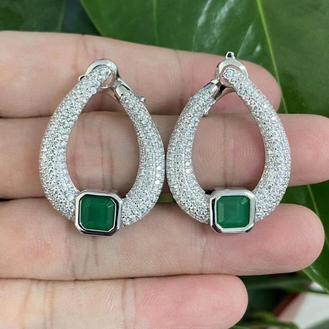 Teardrop Crystal Hoop Earrings with Emerald Accent - Available in Multiple Colors