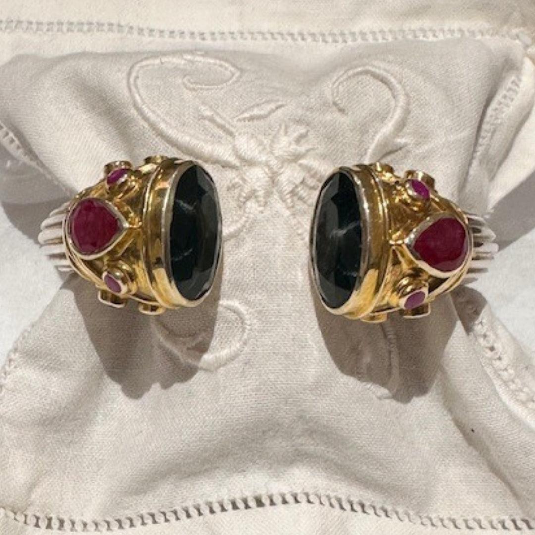 Regal Two-Tone Black Gemstone and Ruby like Cuff Bracelet