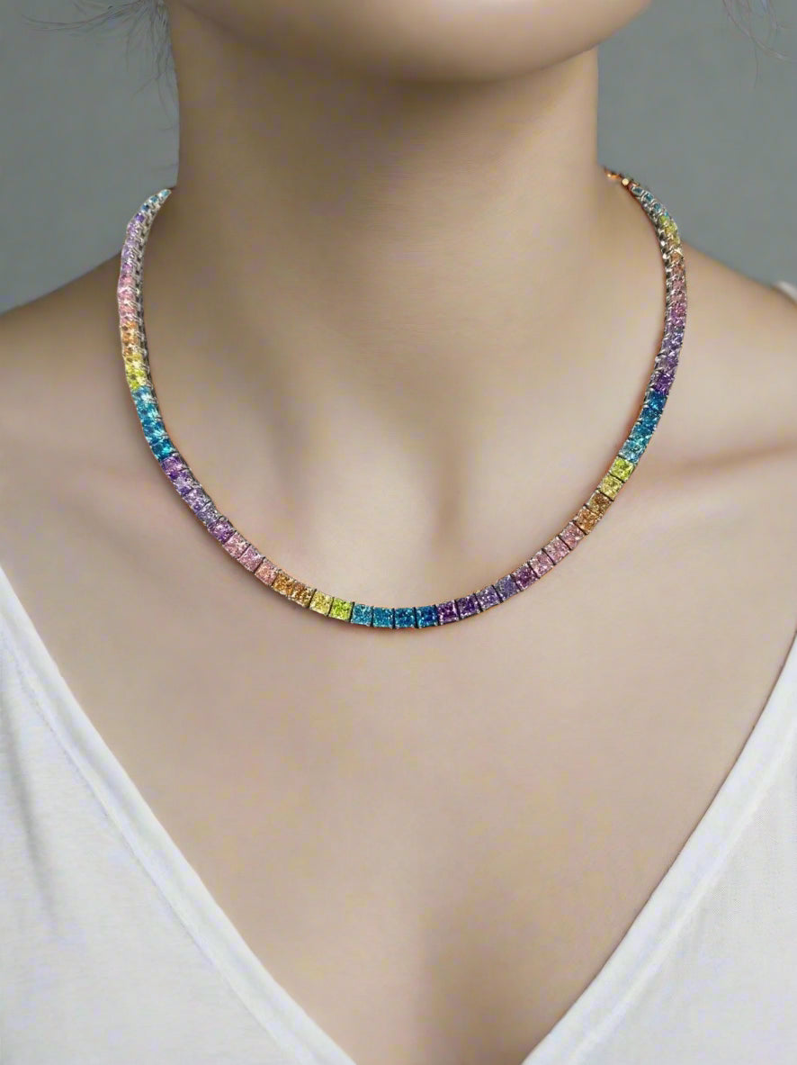 Rainbow Radiance Tennis Necklace - Multicolor Crystal Choker in Silver Setting